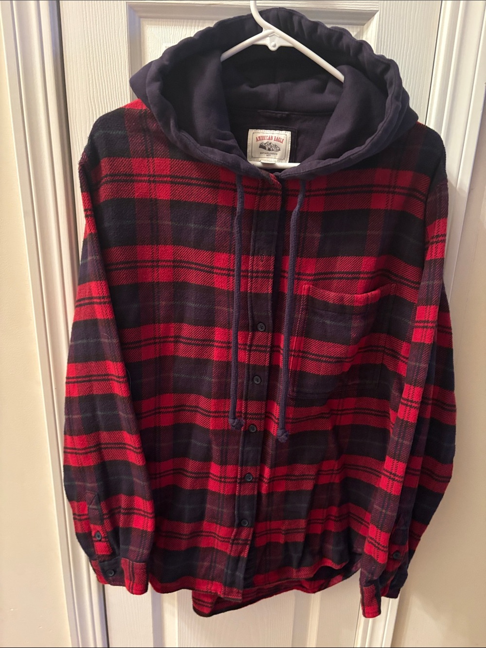 American Eagle Outfitters Red & Navy Plaid Hooded Flannel Jacket